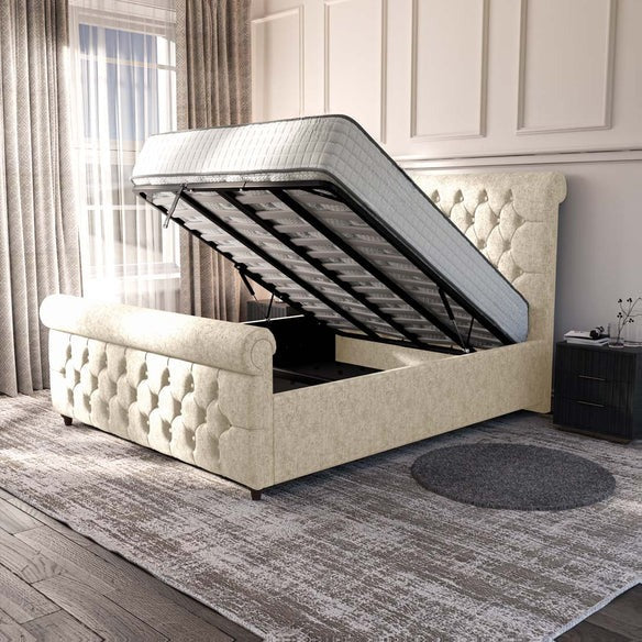 Melbourne Upholstered Ottoman Bed - Cream Chenille