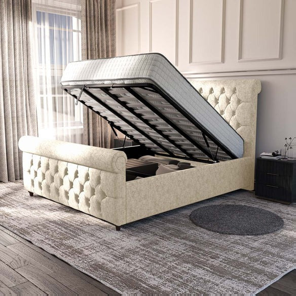 Melbourne Upholstered Ottoman Bed - Cream Chenille
