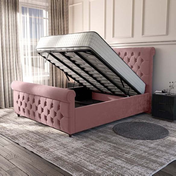 Melbourne Upholstered Ottoman Bed - Pink Plush Velvet