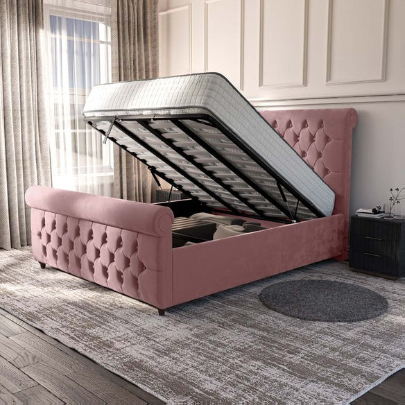 Melbourne Upholstered Ottoman Bed - Pink Plush Velvet