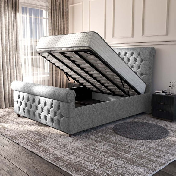 Melbourne Upholstered Ottoman Bed - Silver Chenille