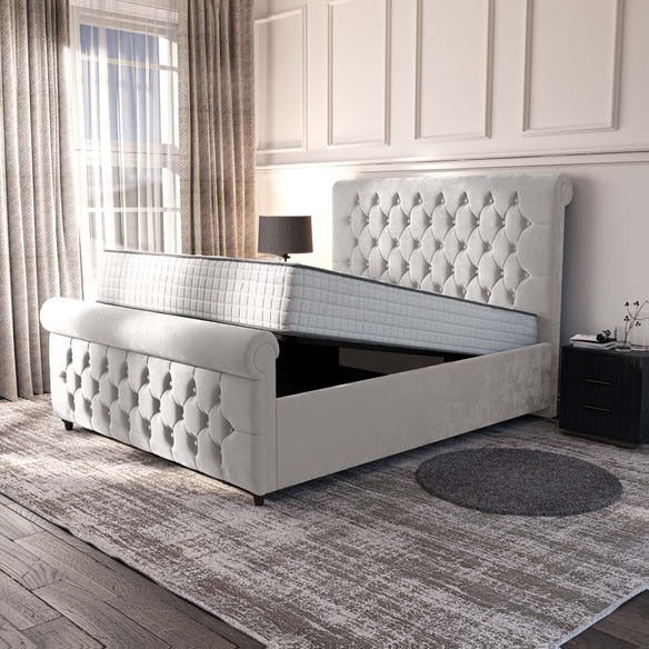 Melbourne Upholstered Ottoman Bed - Silver Plush Velvet