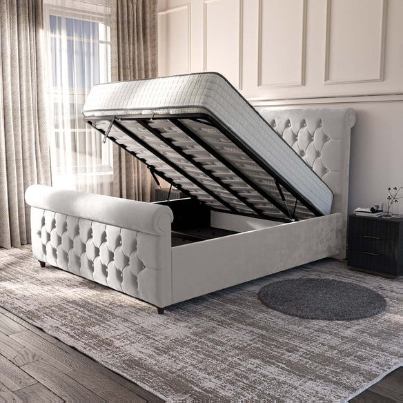 Melbourne Upholstered Ottoman Bed - Silver Plush Velvet