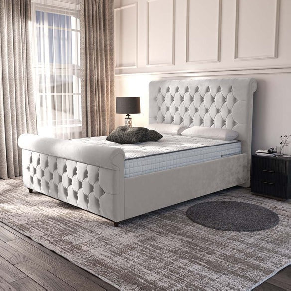 Melbourne Upholstered Ottoman Bed - Silver Plush Velvet