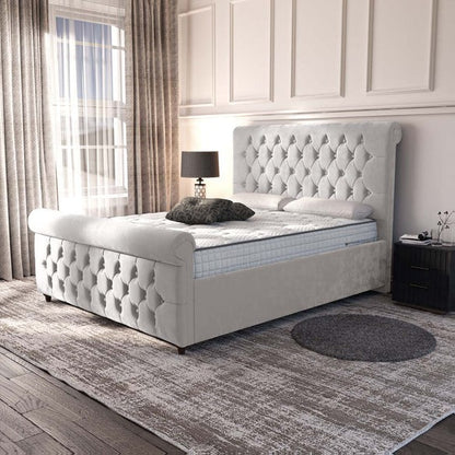 Melbourne Upholstered Ottoman Bed - Silver Plush Velvet