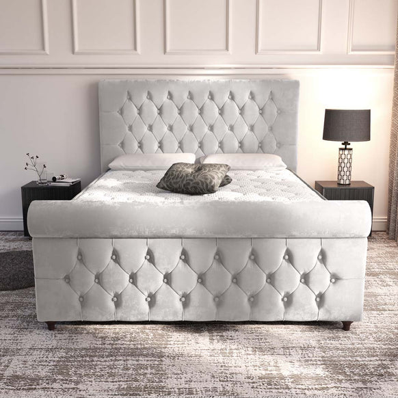 Melbourne Upholstered Ottoman Bed - Silver Plush Velvet