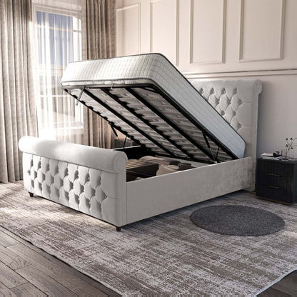 Melbourne Upholstered Ottoman Bed - Silver Plush Velvet