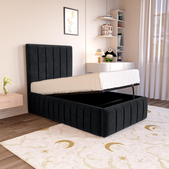 Milan Kids Upholstered Ottoman Bed - Black Plush Velvet