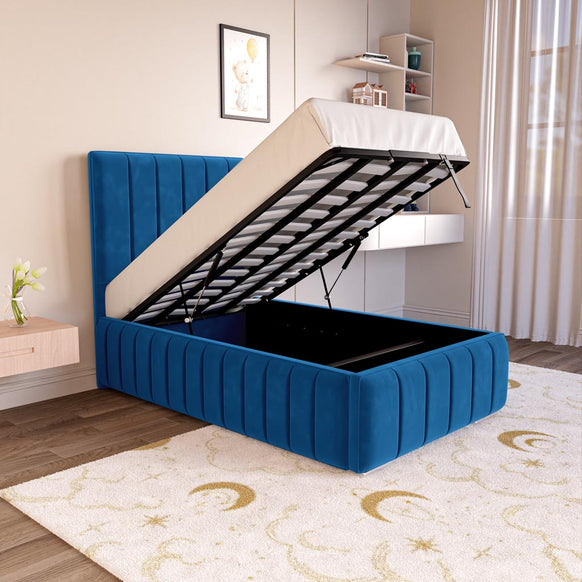 Milan Kids Upholstered Ottoman Bed - Blue Plush Velvet