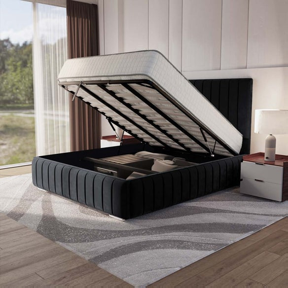 Milan Upholstered Ottoman Bed - Black Plush Velvet