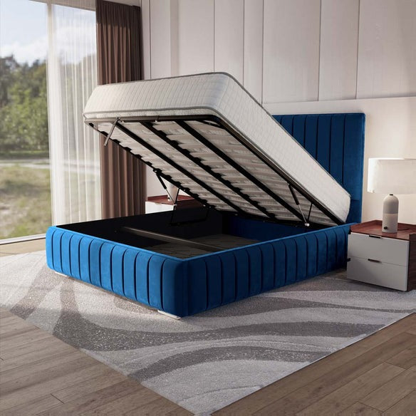 Milan Upholstered Ottoman Bed - Blue Plush Velvet