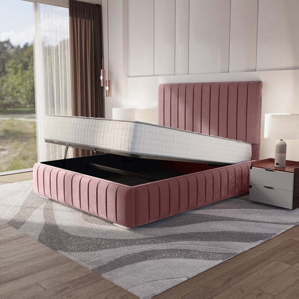 Milan Upholstered Ottoman Bed - Pink Plush Velvet