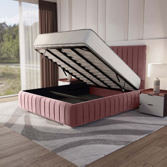 Milan Upholstered Ottoman Bed - Pink Plush Velvet