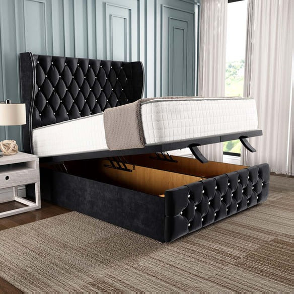 Monaco Ottoman Divan Bed - Black Plush Velvet