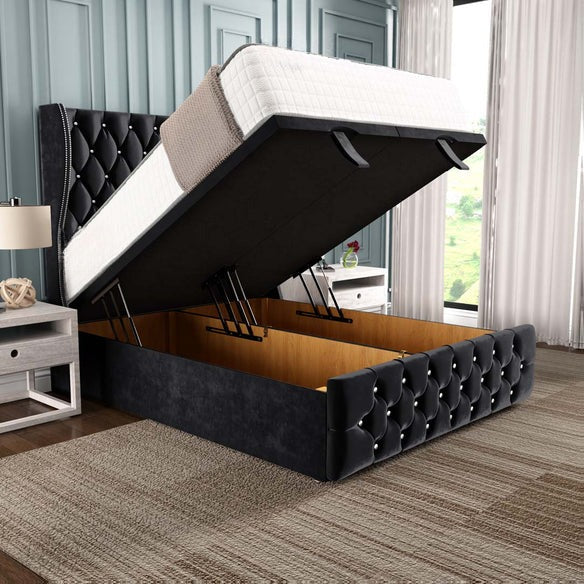 Monaco Ottoman Divan Bed - Black Plush Velvet
