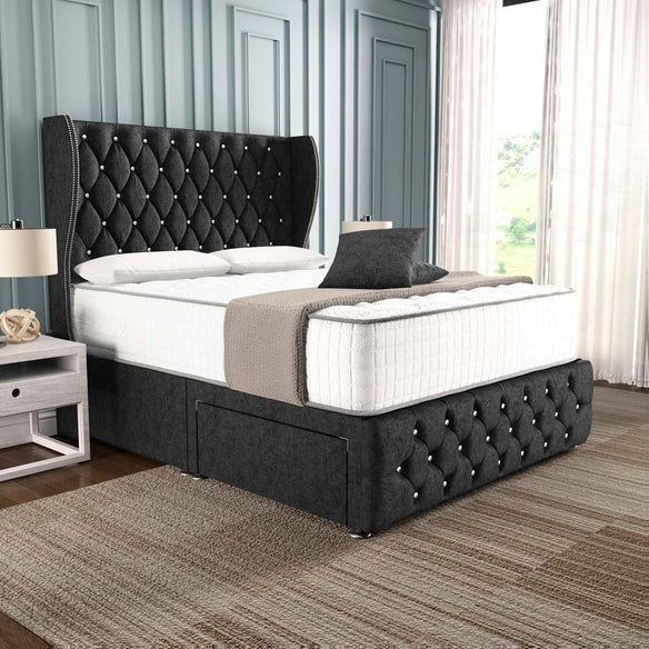 Monaco Wingback Divan Bed - Black Chenille