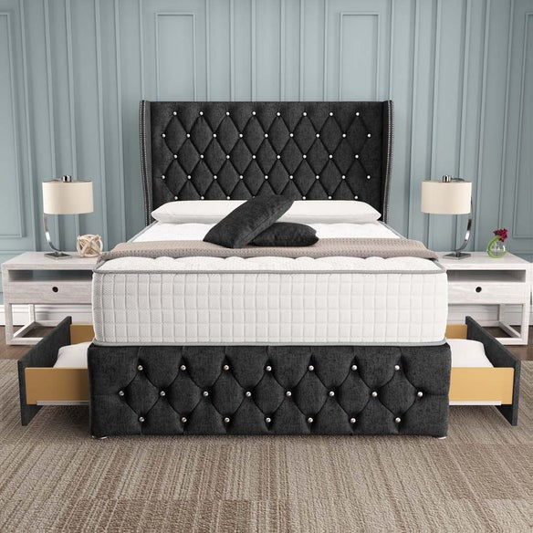 Monaco Wingback Divan Bed - Black Chenille