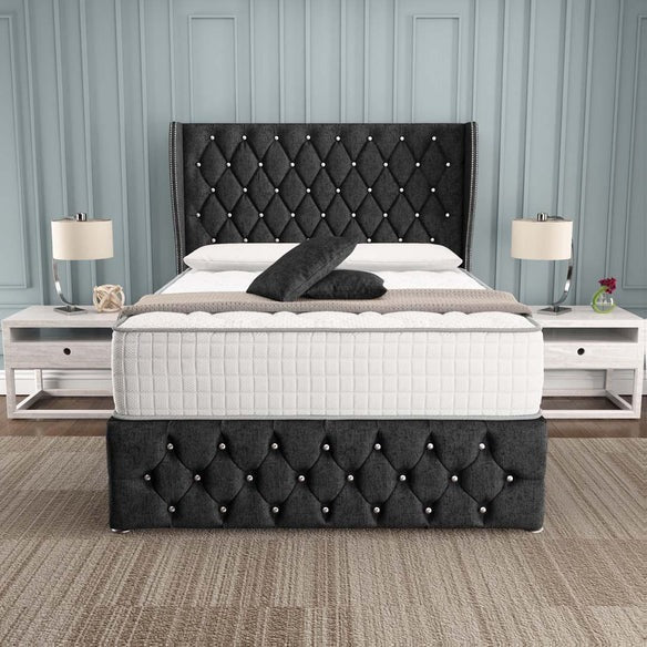 Monaco Wingback Divan Bed - Black Chenille