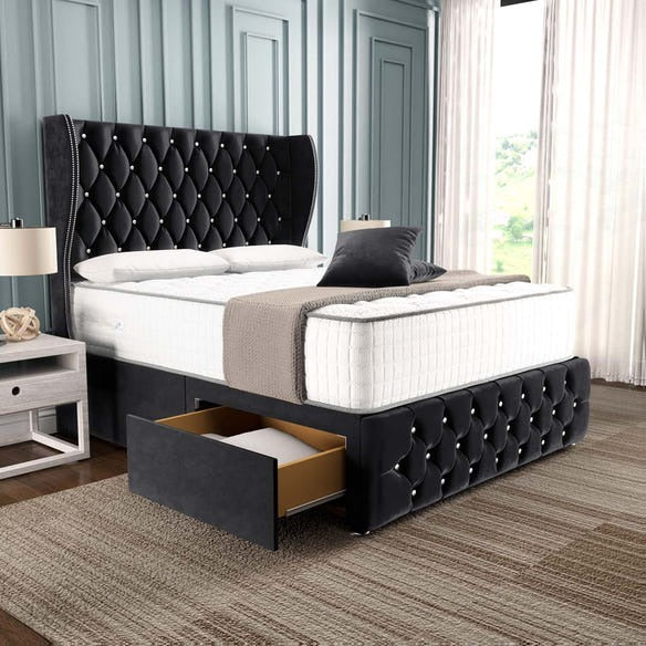 Monaco Wingback Divan Bed - Black Plush Velvet