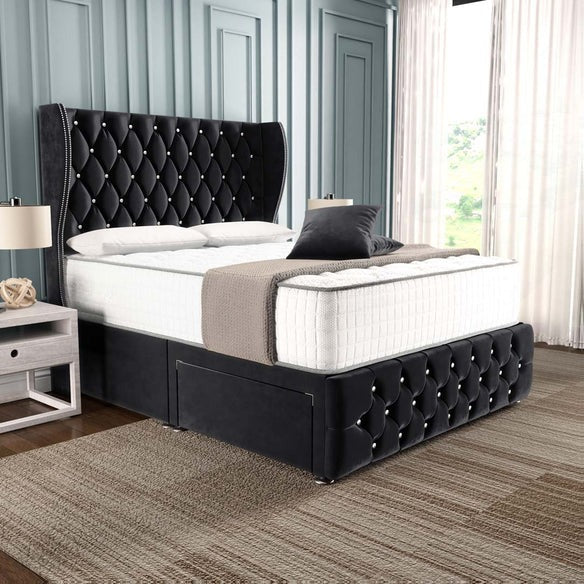 Monaco Wingback Divan Bed - Black Plush Velvet