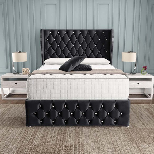 Monaco Wingback Divan Bed - Black Plush Velvet