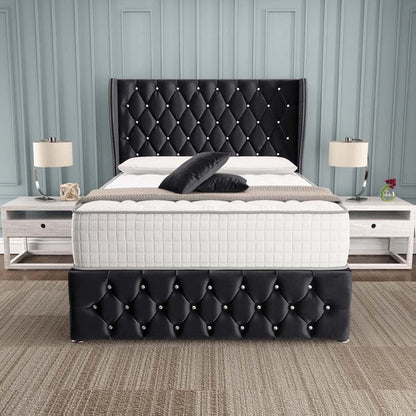 Monaco Wingback Divan Bed - Black Plush Velvet