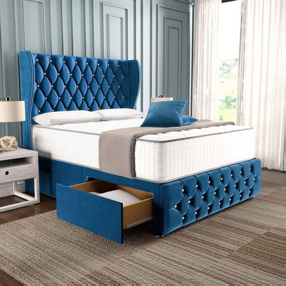 Monaco Wingback Divan Bed - Blue Plush Velvet