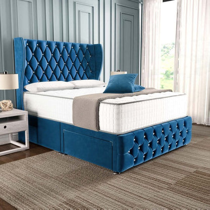 Monaco Wingback Divan Bed - Blue Plush Velvet