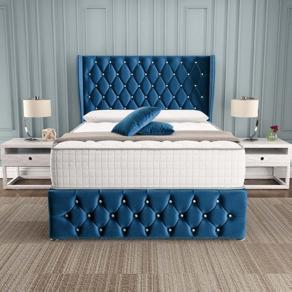 Monaco Wingback Divan Bed - Blue Plush Velvet