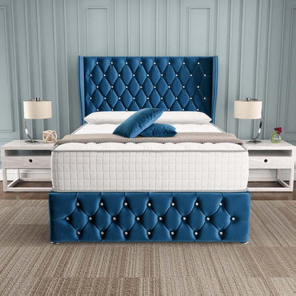 Monaco Wingback Divan Bed - Blue Plush Velvet