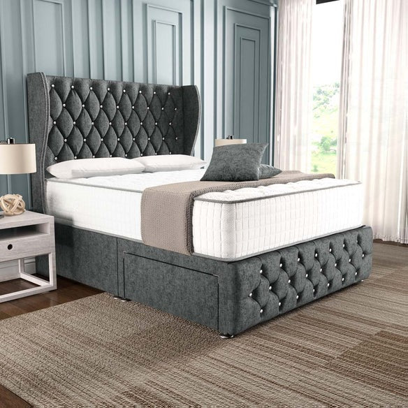 Monaco Wingback Divan Bed - Charcoal Chenille