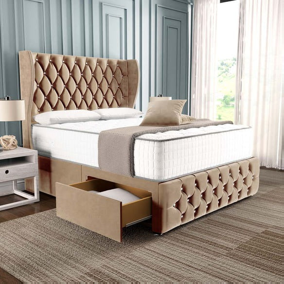 Monaco Wingback Divan Bed - Mink Plush Velvet