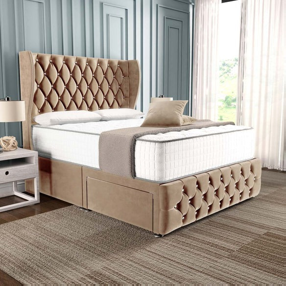 Monaco Wingback Divan Bed - Mink Plush Velvet