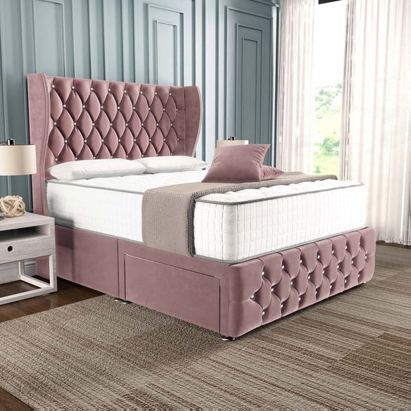 Monaco Wingback Divan Bed - Pink Plush Velvet