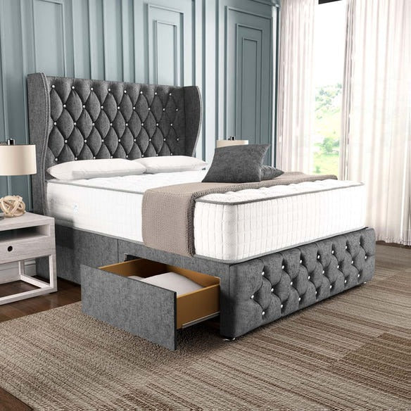 Monaco Wingback Divan Bed - Silver Chenille
