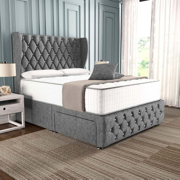 Monaco Wingback Divan Bed - Silver Chenille