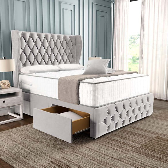 Monaco Wingback Divan Bed - Silver Plush Velvet
