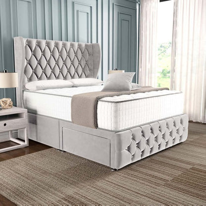 Monaco Wingback Divan Bed - Silver Plush Velvet