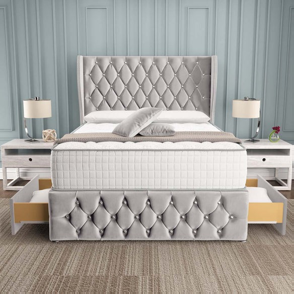 Monaco Wingback Divan Bed - Silver Plush Velvet