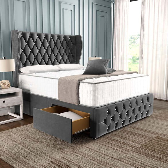 Monaco Wingback Divan Bed - Steel Plush Velvet