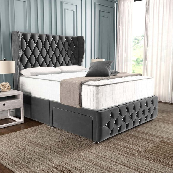Monaco Wingback Divan Bed - Steel Plush Velvet