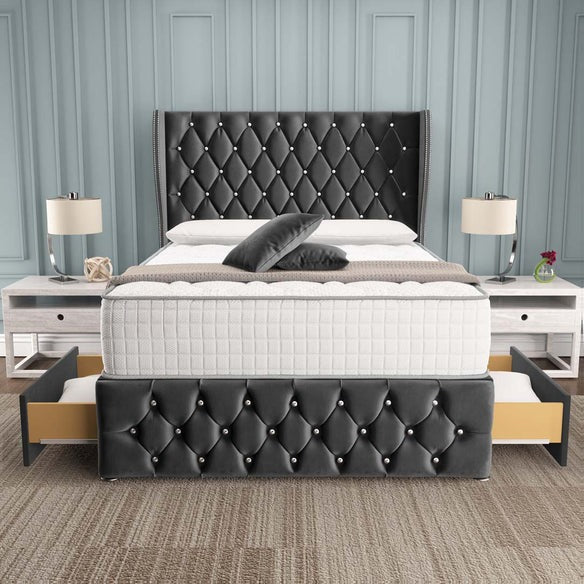 Monaco Wingback Divan Bed - Steel Plush Velvet