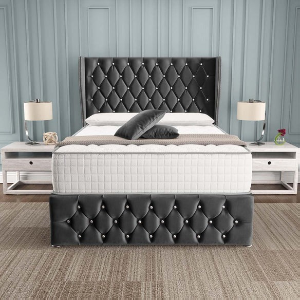 Monaco Wingback Divan Bed - Steel Plush Velvet