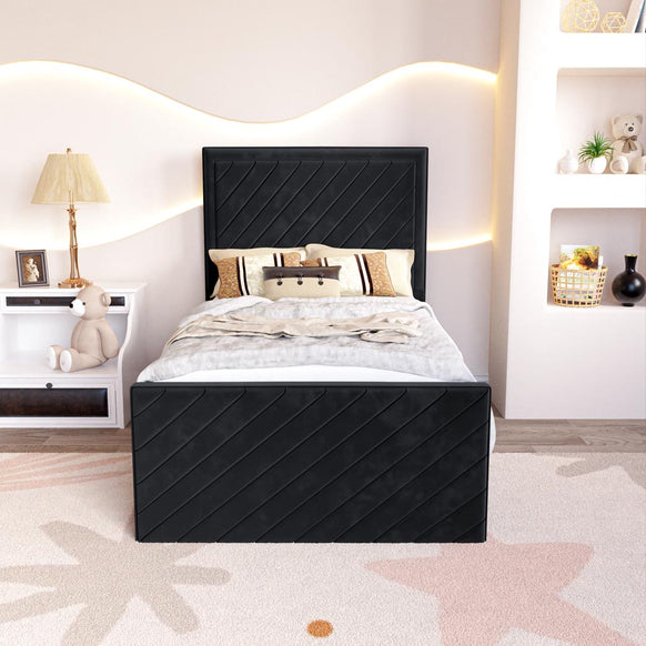 Oxford Kids Upholstered Ottoman Bed - Black Plush Velvet