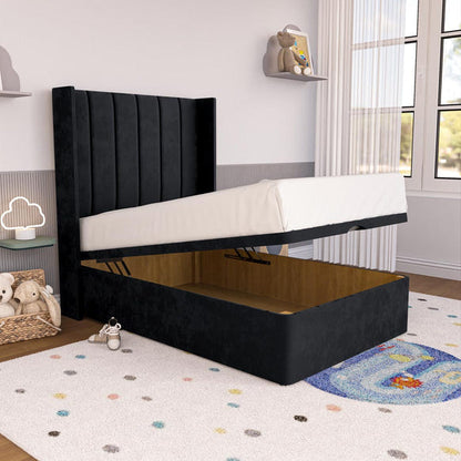 Prague Kids Wingback Ottoman Divan Bed - Black Plush Velvet