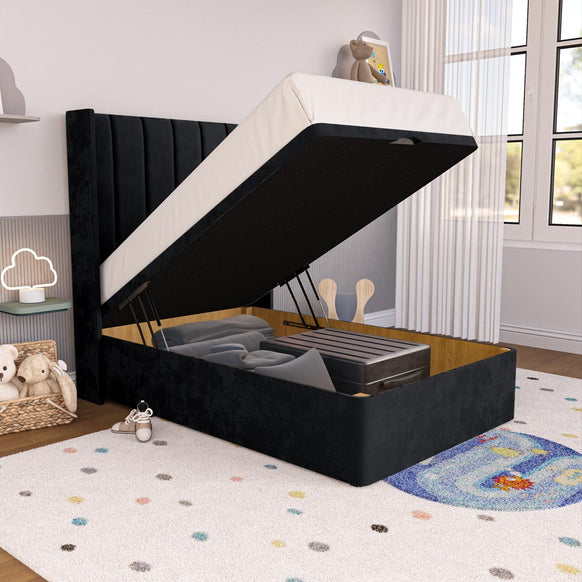 Prague Kids Wingback Ottoman Divan Bed - Black Plush Velvet