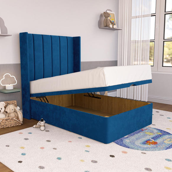 Prague Kids Wingback Ottoman Divan Bed - Blue Plush Velvet