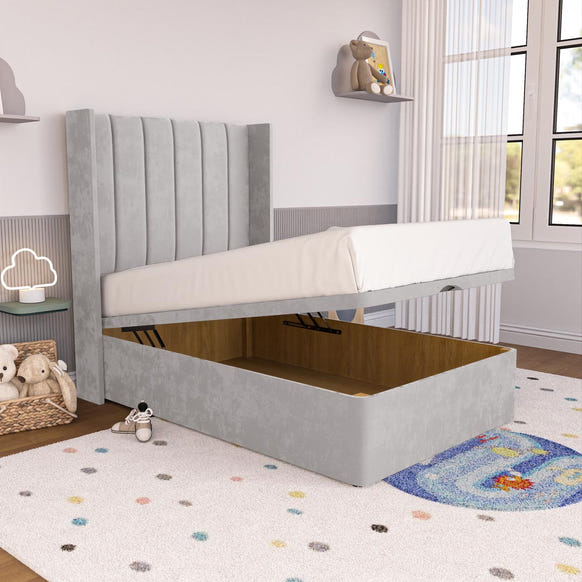 Prague Kids Wingback Ottoman Divan Bed - Silver Plush Velvet