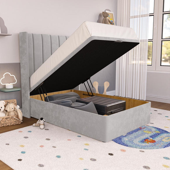 Prague Kids Wingback Ottoman Divan Bed - Silver Plush Velvet