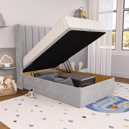 Prague Kids Wingback Ottoman Divan Bed - Silver Plush Velvet